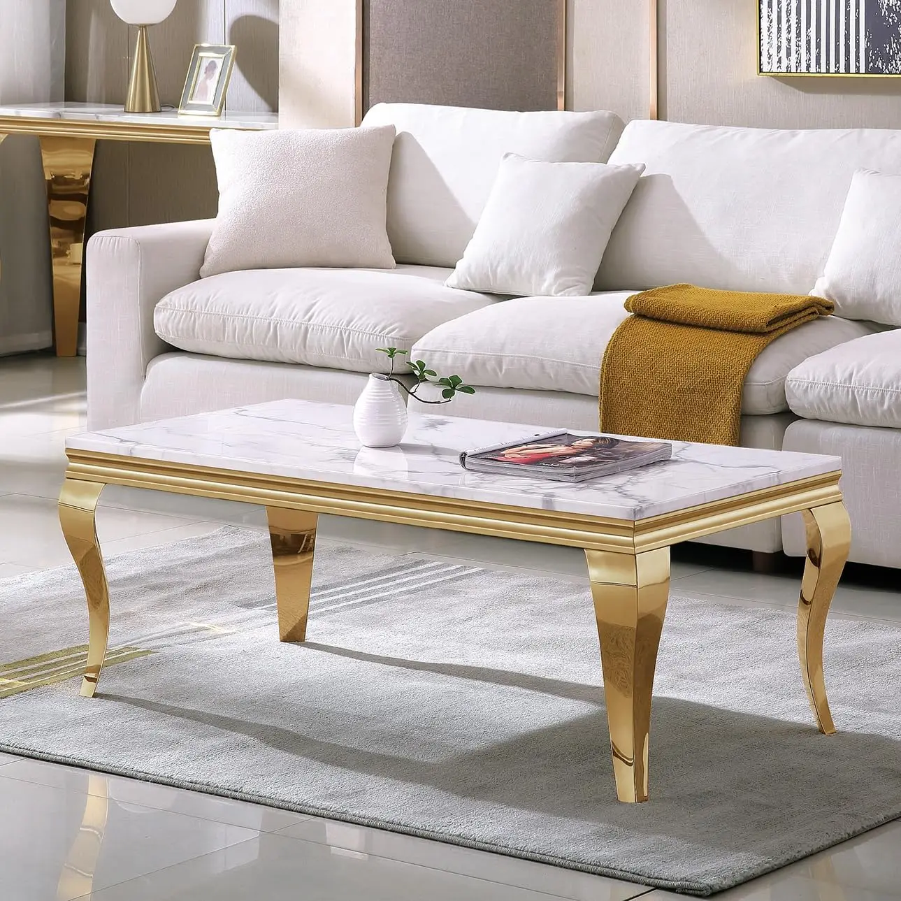 

Henf 47"" Marble Coffee Table Modern White Faux Marble Center Table With Gold Mirrored Finish Stainless Steel Legs Luxury Tea