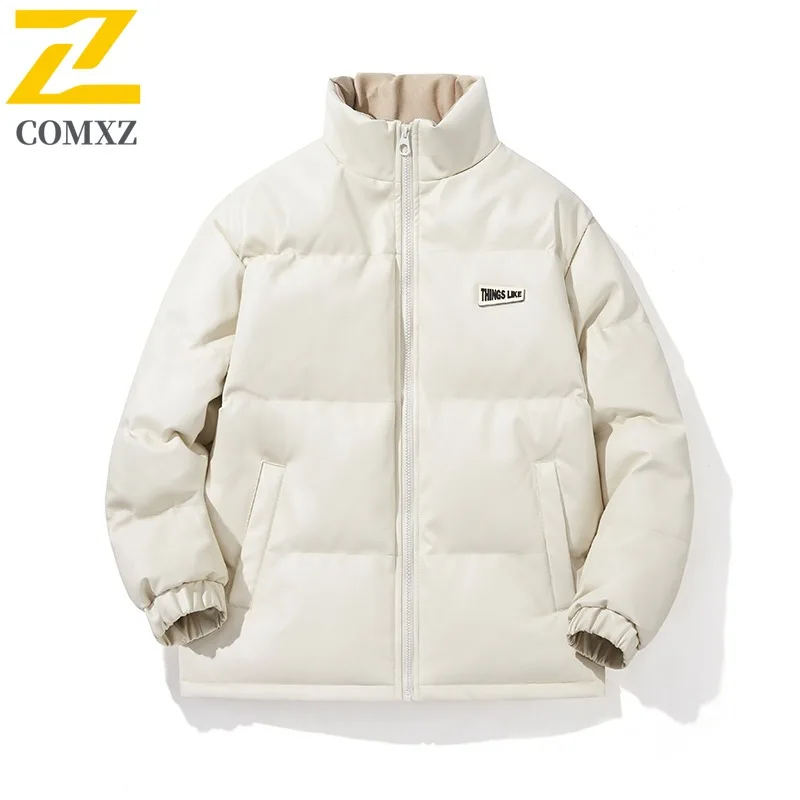 

COMXZ 2025 Winter Men's Short White PU Leather Jacket Trendy Versatile Casual Thickened Warm Down Cotton Leather Outerwear​