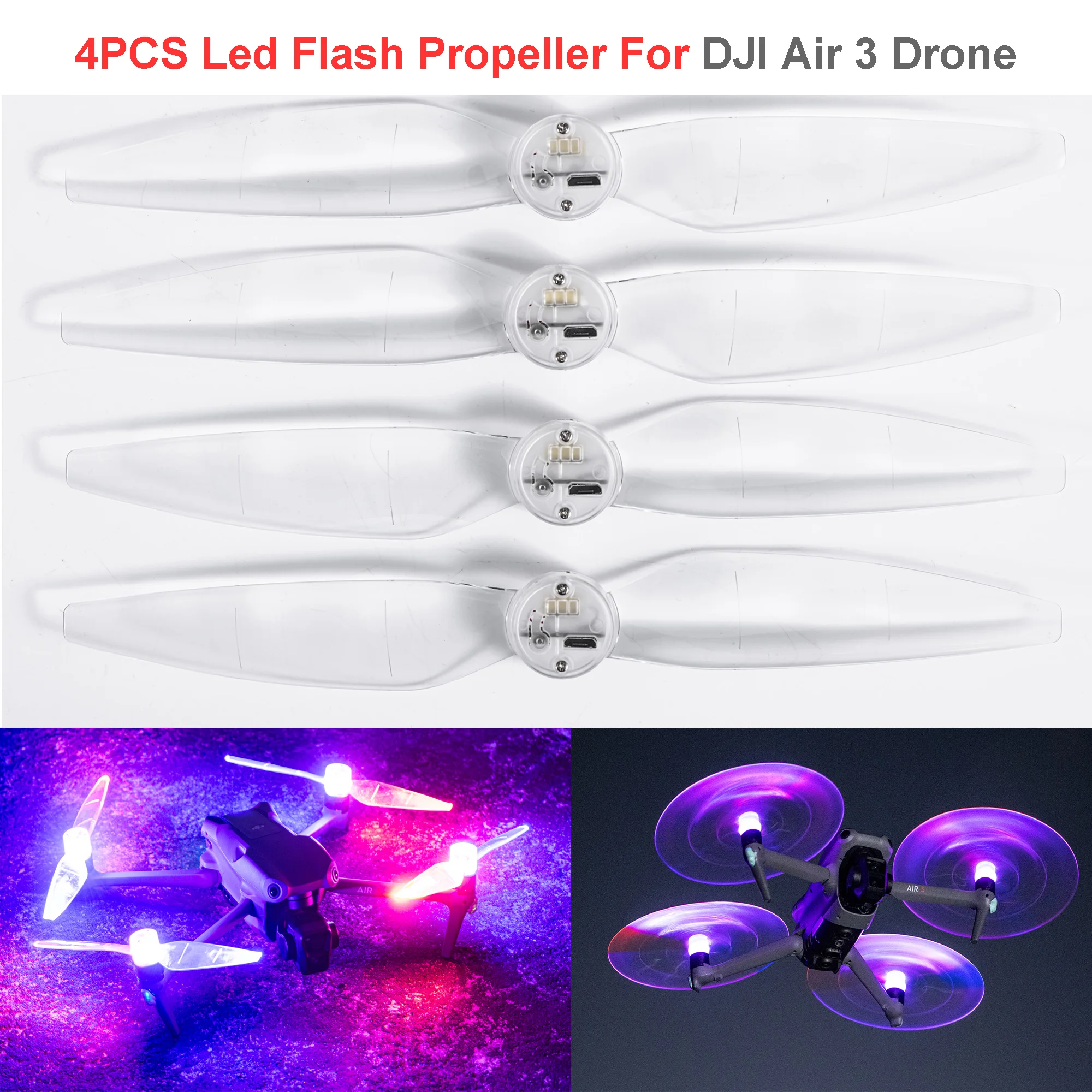 2Pairs Air 3 Drone Accessory LED Flash Low-Noise Quick-Release Rechargeable Propeller for DJI Mini 4/3 Pro Drone