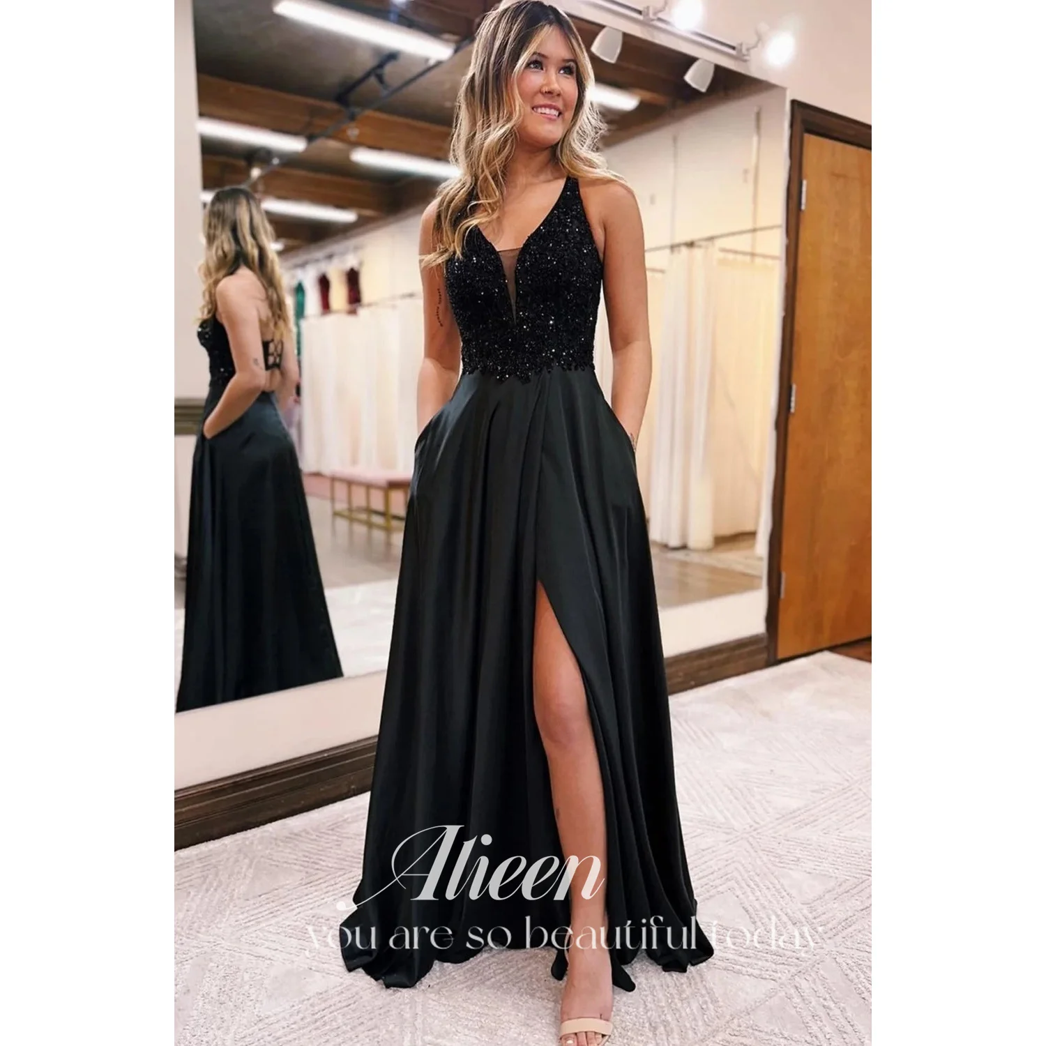 

Aileen Graduation Dresses Black Sharon Happy V-neck Party Dress Women Elegant Luxury Sequins Wedding Guest Backless 2023 Women's