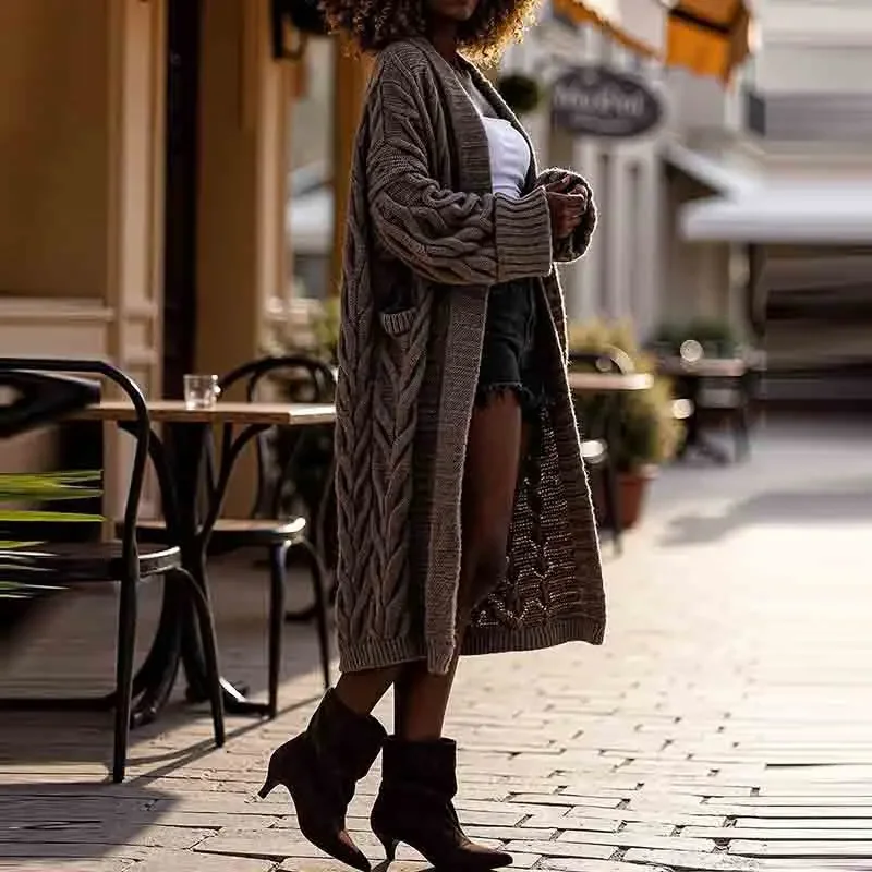 女性のエレガントな V ネックツイストロングアウターコート秋のファッションハイストリートソリッドカラージャケットカジュアル長袖ルーズカーディガン