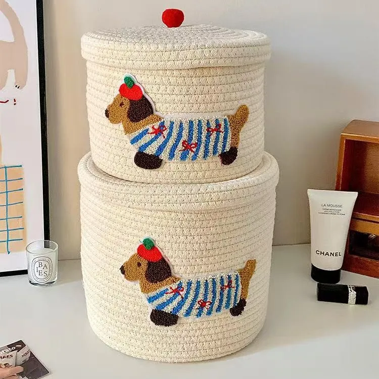 

Cotton thread woven large capacity with lid dust storage bucket household cartoon cute puppy sundries storage basket storage