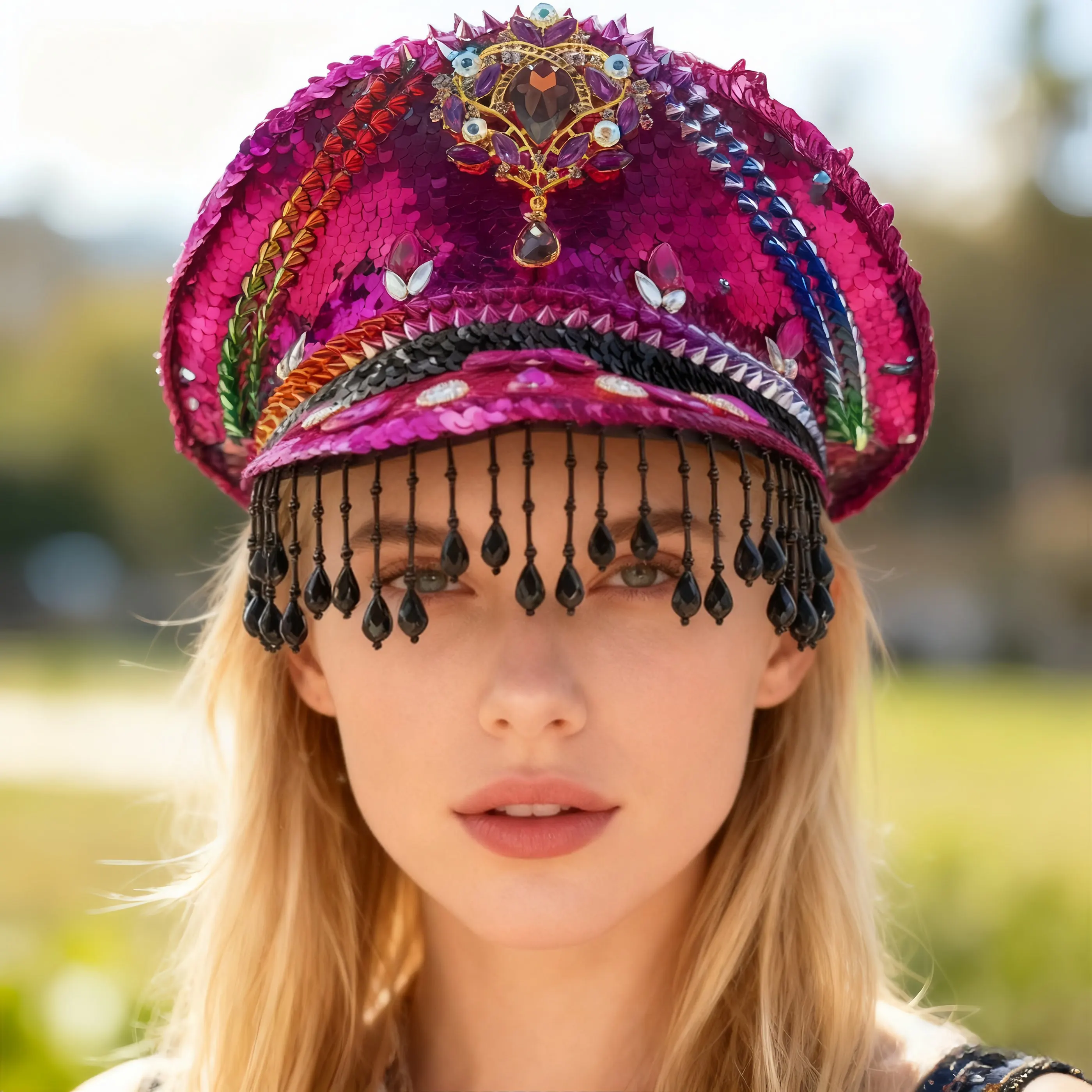 

HongLuan Disco Red Tassels Captain Hats Rhinestone for Burning Man Festival Woman, Vintage Military Accessories & Cap Man