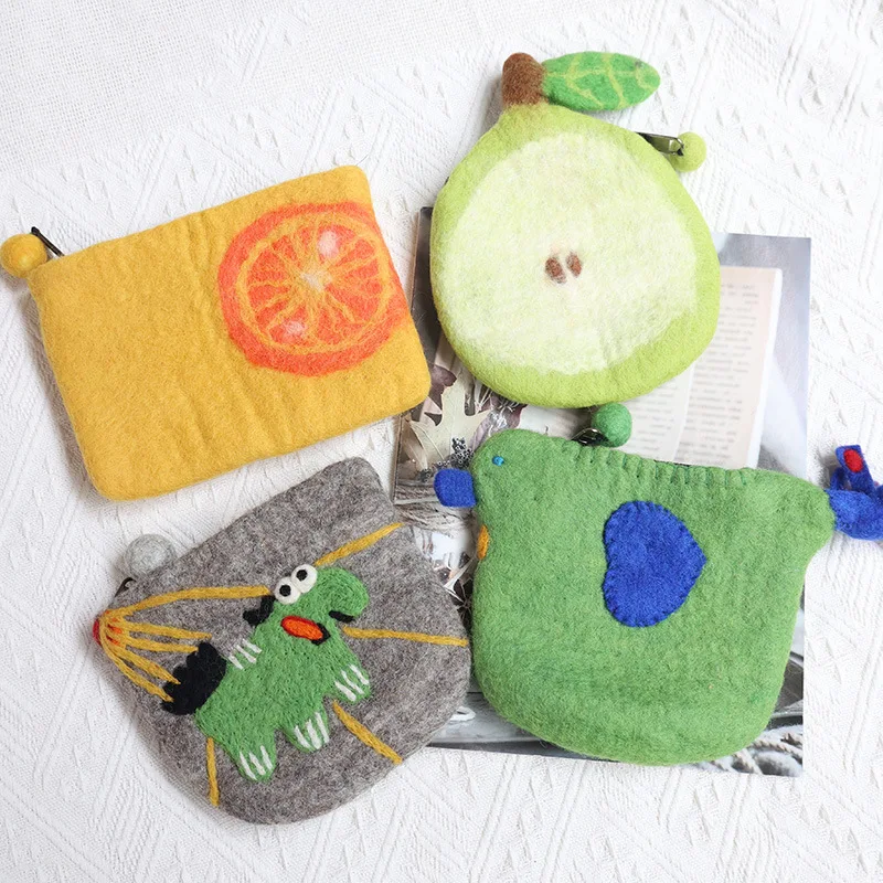 

Orange Dinosaur Pear Wool Felt Coin Purse Female Coin Bag Card Holder Card Japanese and Korean Storage Small Bag