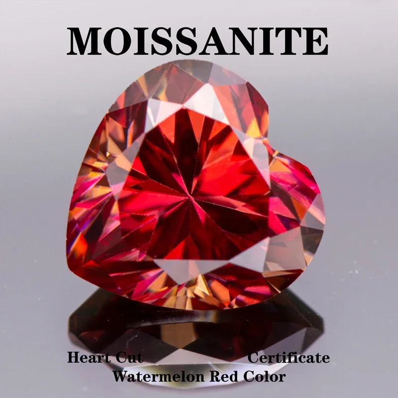 Moissanite Stone Heart Cut Watermelon Red Color Extremely Shiny Quality DIY Advanced Jewelry Rings Earrings Making Certificate