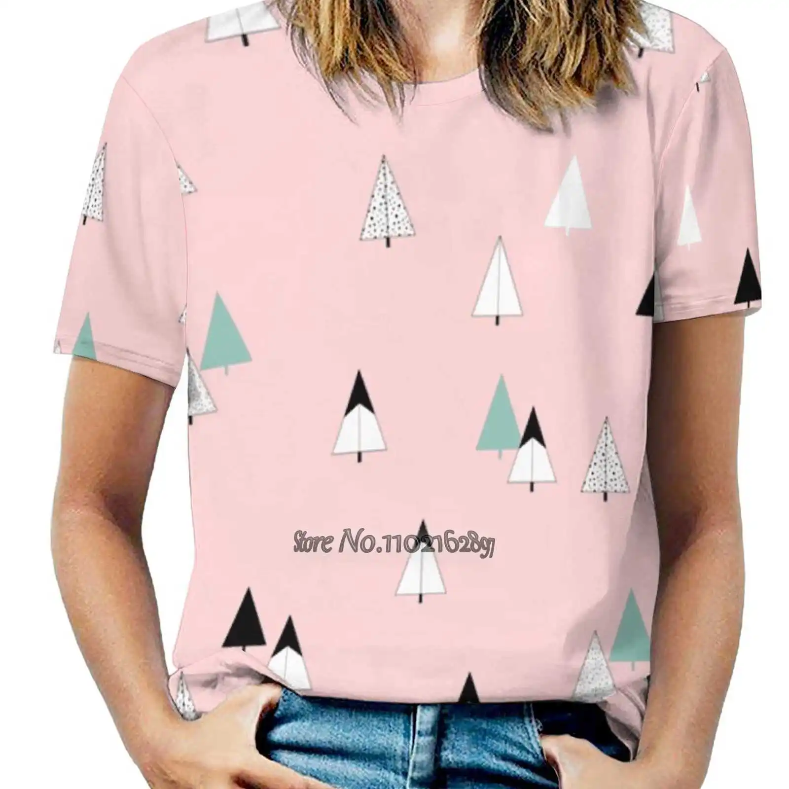 Pine Trees Pink Women's T-Shirt Casual Short Sleeved Tops Tee Ladies Loose T Shirts Christmas Xmas Trees Pine Pattern Modern