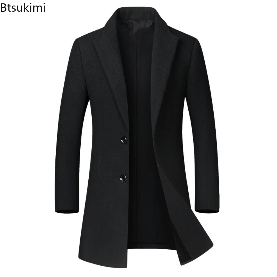 2026 Men's Woolen Coats Autumn Winter Mid-length Windbreaker Fashion Lapel Single Breasted Male Overcoats Business Slim Jackets