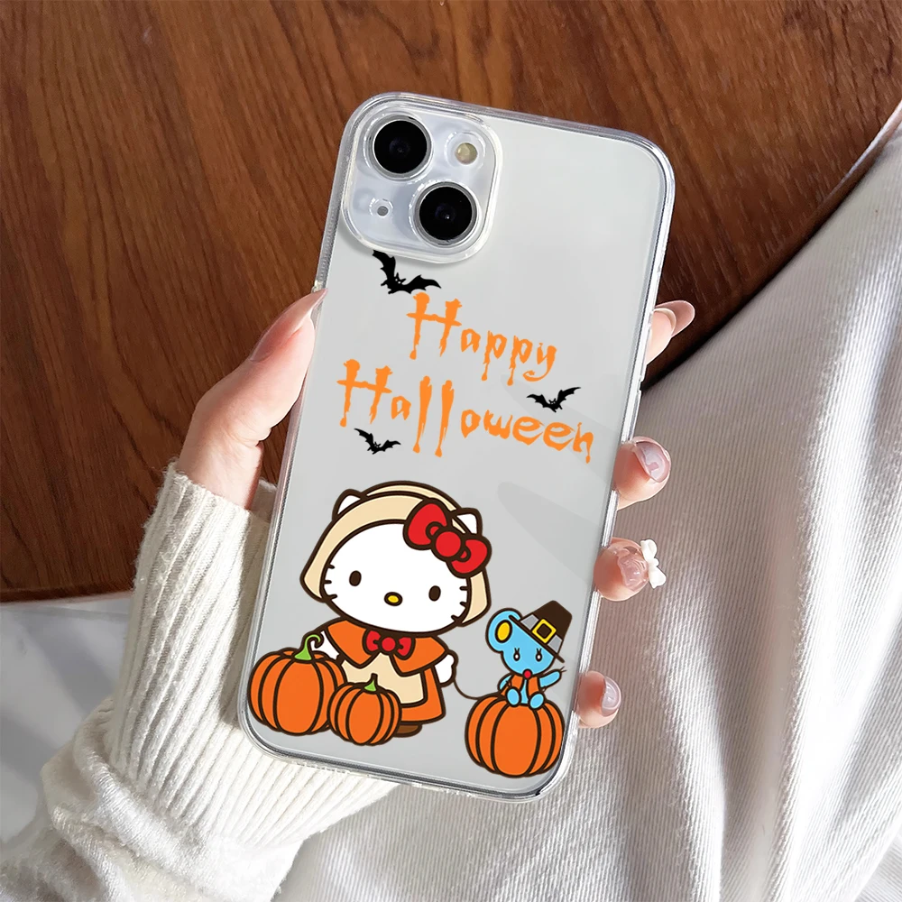 MINISO H-HelloKitty Kawaii Halloween Pumpkin Phone Case For iPhone 11 13 16 15 14 12 Pro Max Plus Clear Transparent Soft Shell