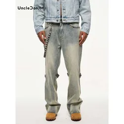 Removable Leather Chain Strap Yellow Washed Old Casual Burr Trouser Chain Jeans Y2k Men’s Jeans