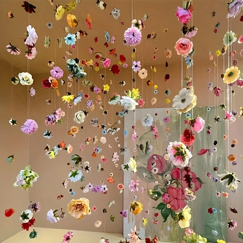 مجموعة مكونة من 60 قطعة من الزهور المزخرفة العائمة، وإكليل الزهور الاصطناعية على الطراز البوهيمي، تتضمن 393. خطوط صيد السمك مقاس 7 بوصات، قلادات DIY، زخارف زهور معلقة مشرقة، بتلات عائمة بألوان عشوائية، مشهد شلال المطر، مثالي لزينة الربيع والكريسماس