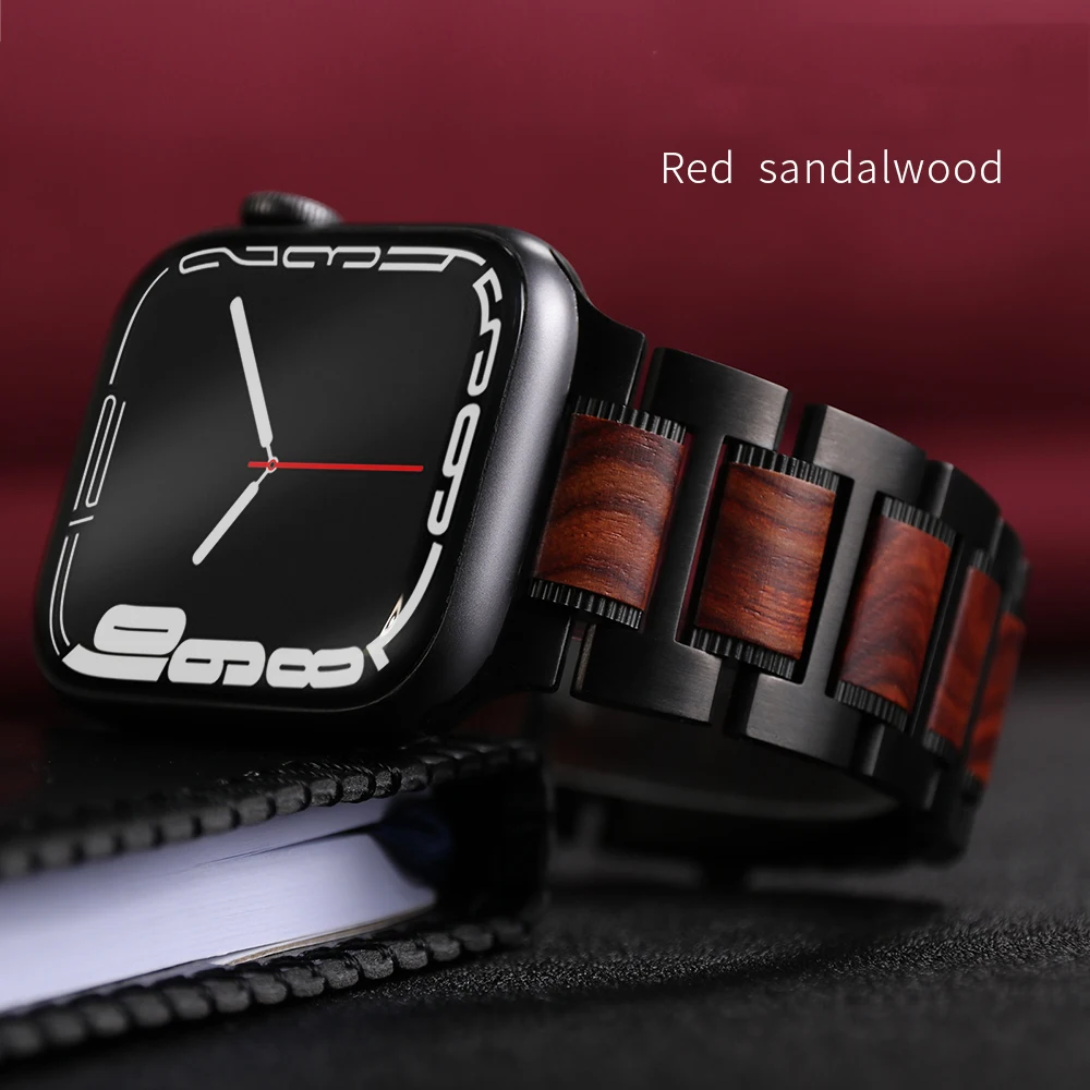 Red Sandal Wood+Stainless Steel Bracelet For Apple Wath band 45mm 44mm 46mm 41mm Strap For Apple watch SE 10 9 Ultra 1 2 49mm