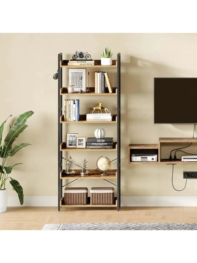 خزانة كتب ذات 6 أرفف على الطراز الصناعي مع 4 خطافات، وحدة تخزين خشبية عتيقة، رفوف ريفية مفتوحة للكتب والديكور #5