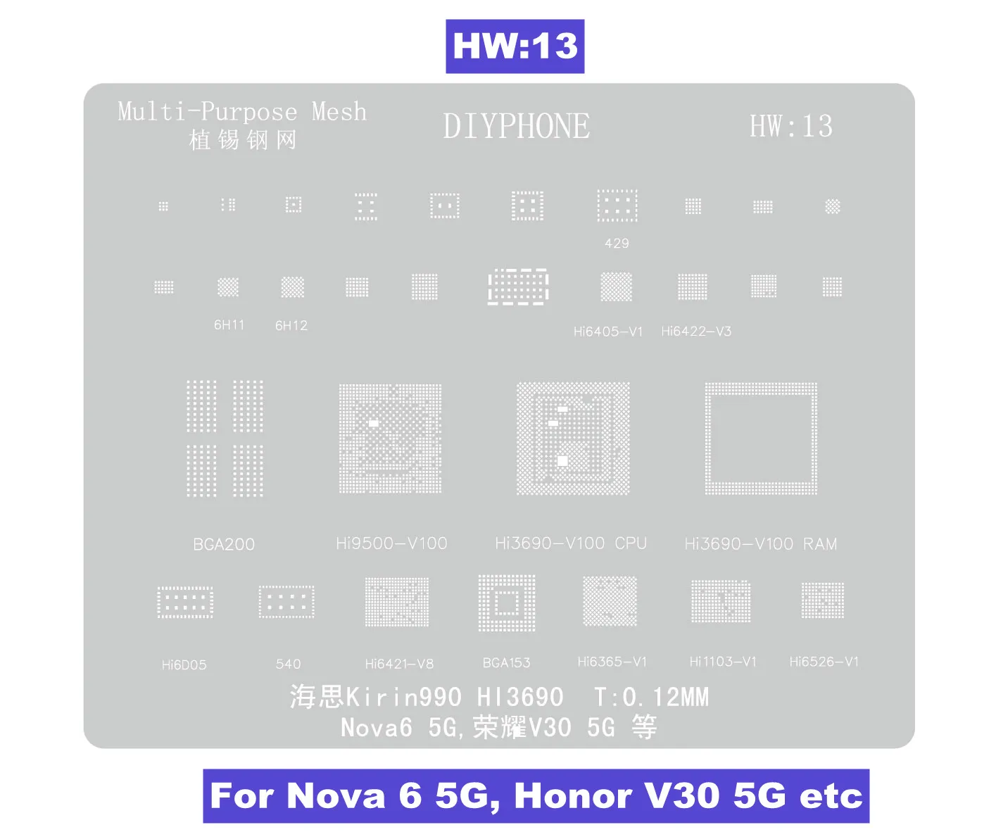 Plantilla de Reballing HW1-18 BGA, Kirin 9000S HI36A0 para Huawei Mate 60/60Pro/60RS/X5/Honor X30 /V20/Magic 2 CPU RAM IC Steel Mesh