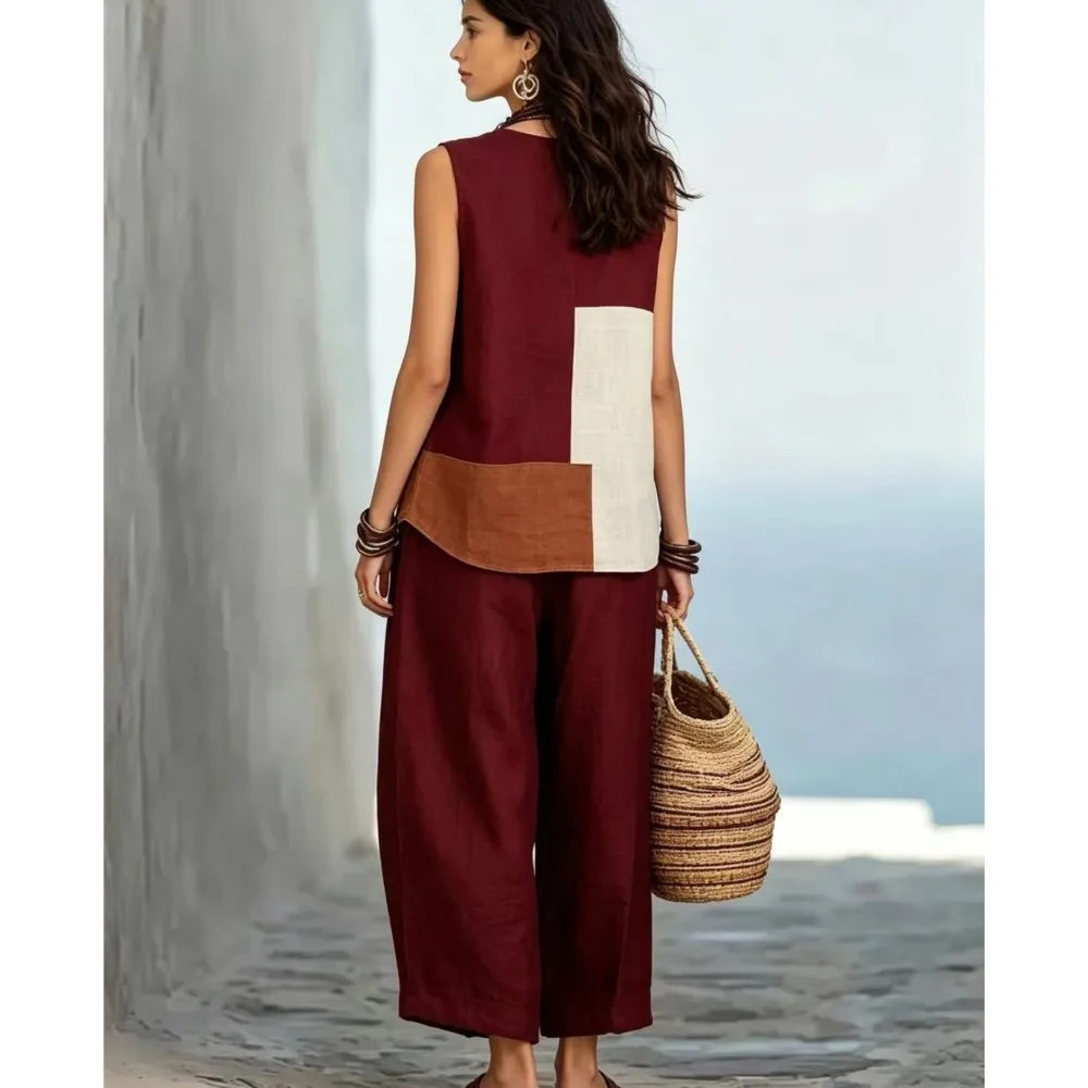 Fashion Retro Sleeveless O Neck Top + Wide Leg Pants 2 Piece Set Women Casual Color-blocked Pocket Wide-leg Trousers Female Suit