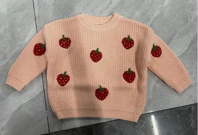 Toddler Girls Sweater Strawberry Embroidered Long Sleeve Pullovers Fall Winter Kids Clothes Baby Jumpers Tops