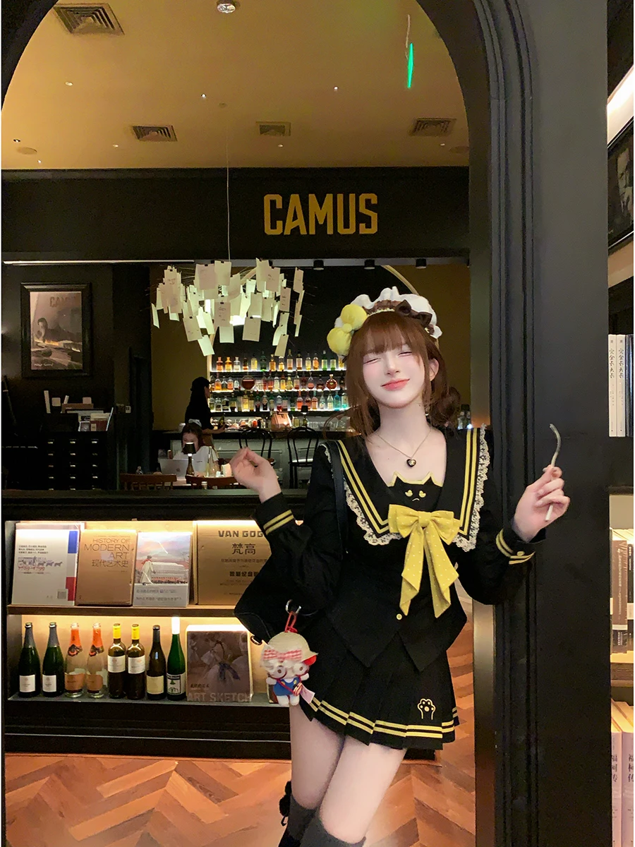 Autumn College Style Navy Collar Long Sleeve Top Cute Bow Short Black Top Coat Autumn New Black Short Skirt