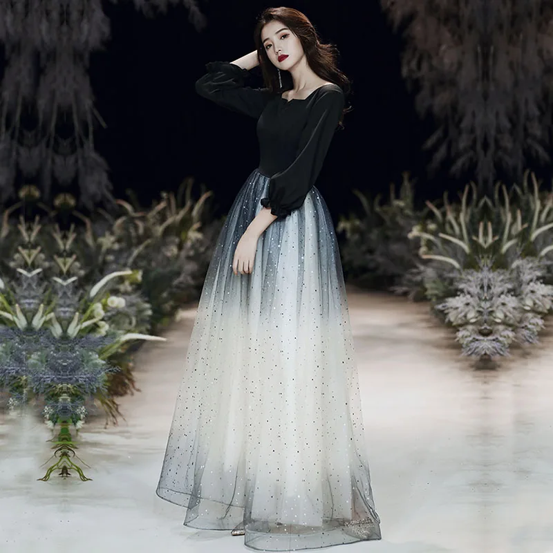 DongCMY Bridesmaids Evening Dress Female 2024 Atmospheric Banquet High-end Black Long-sleeved Dress Usually Can Wear Large Size