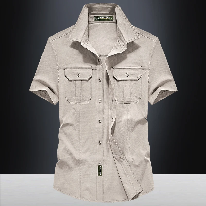 For 2024 Summer Fashion Tops Blouses Mens Short Sleeves Oversize 5XL Nylon Cargo Military Shirts Green Casual Clothes