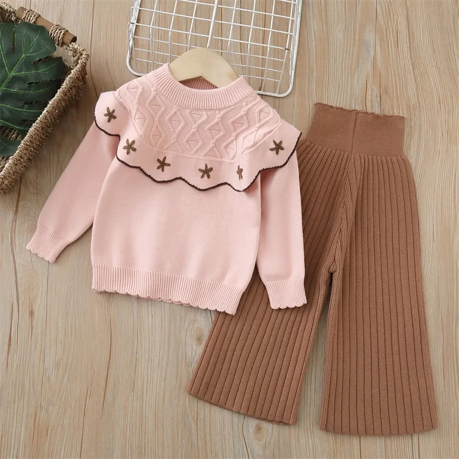 Girl Clothing Knitted Sets 2-6Y Clothes for Girls Handmade Star and Ruffled Collar Knit Sweater and Flared Pants Casual Outfit