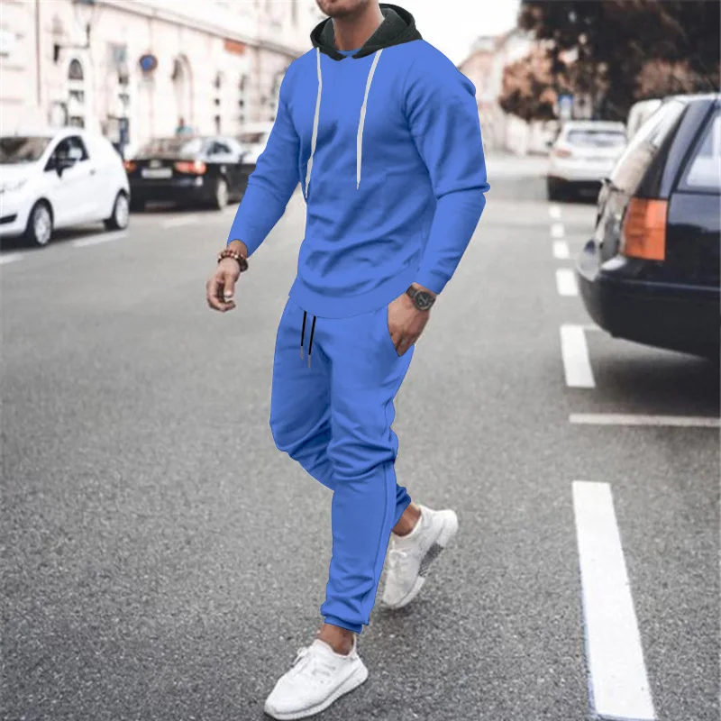 Men\'s long sleeve Casual  Pajamas 2pcs set Homewear Hooded soild color Pajamas Men Sleepwear Size M-3XL