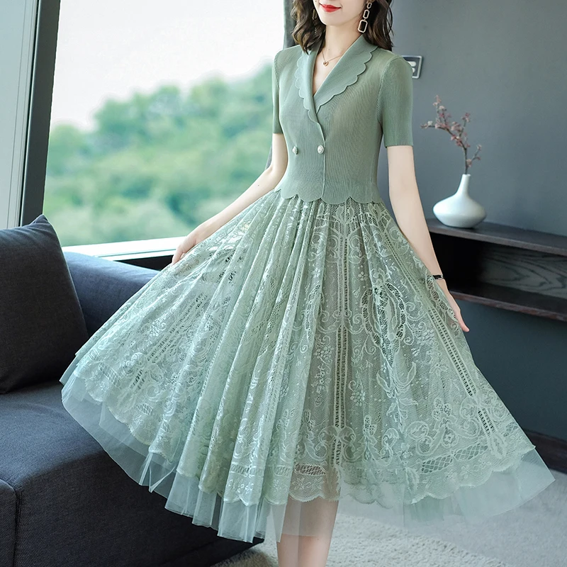 

Summer The New Three Curtilage Female Stitching Bud Silk Gauze Fold Dress Hollow Out Aristocratic Temperament Pleated Dress