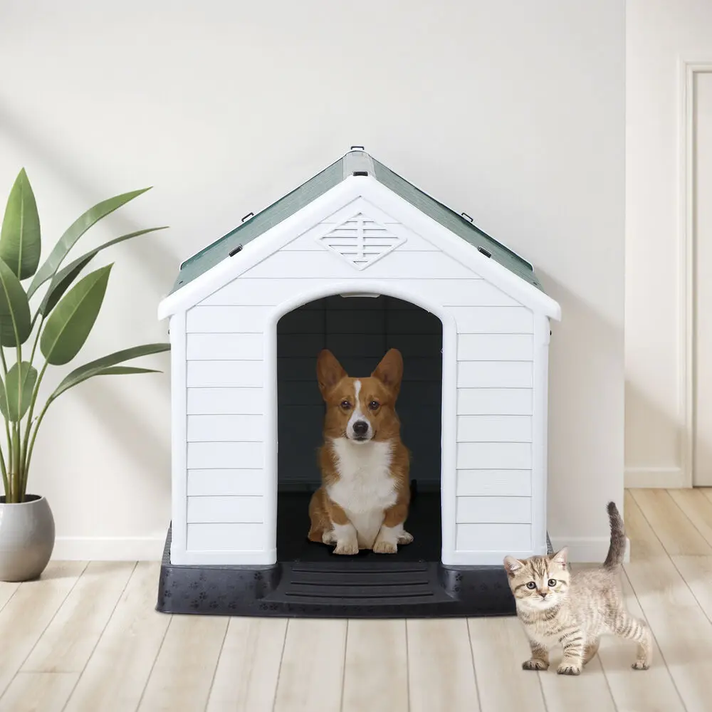 ZENSTYLE بيت الكلب البلاستيكي الأبيض القوي مثالي للأماكن الداخلية والخارجية والسقف الأخضر