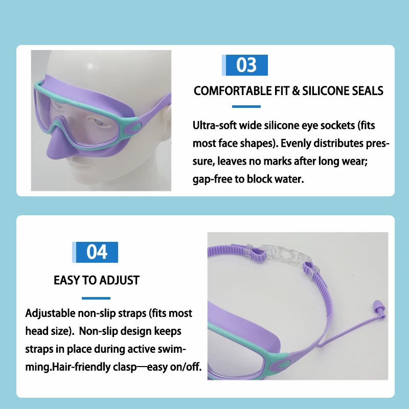 어린이용 전기도금 수영 고글 내장형 귀마개 - 김서림 방지 방수 UV 보호, 부드러운 실리콘 스커트, 인체공학적 착용감
