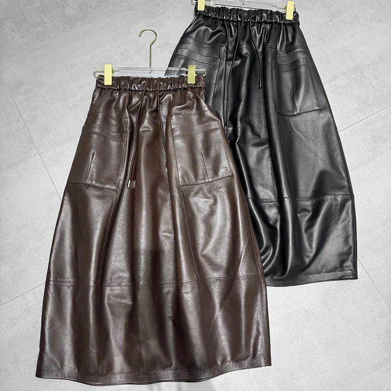 

Genuine Leather Skirt Autumn Fashion New Women Vegetable Tanned Sheepskin Elastic Waist Drawstring Coffee Long Flower Bud Skirts