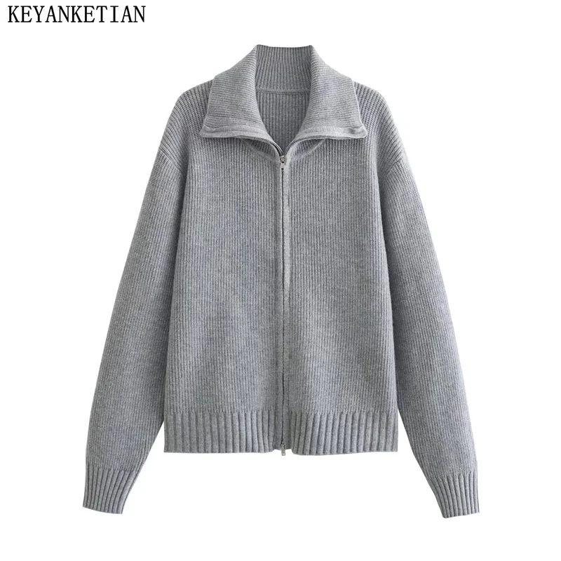 KEYANKETIAN 2024 New Launch Women's gray zipper sweater Spring Unisex style Simply Turn Down Collar Loose Leisure Knitted Top