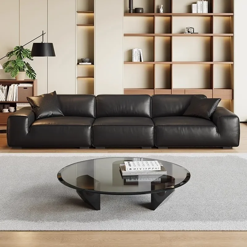 

Leather sofa living room, Italian straight row high-end modern simplicity, French big black cow black tofu block leather sofa