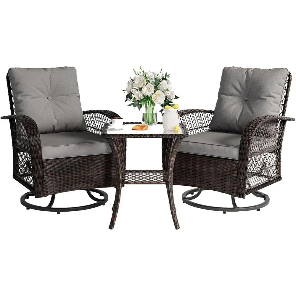 

3-Piece Outdoor Wicker Patio Furniture Set with Swivel Rocker, Bistro Table, and Cushioned Chairs (Grey)