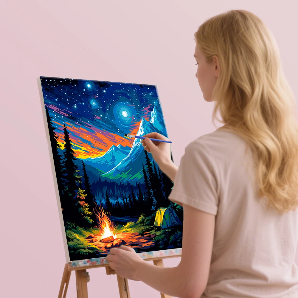 HUACAN صور زيتية طلاء بالأرقام منظر طبيعي جبلي رسم على قماش السماء المرصعة بالنجوم غابة هواية الفن الإبداعي