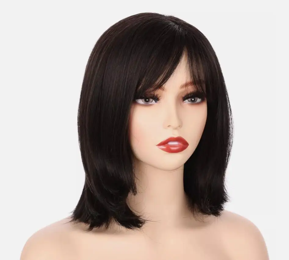 Wig hitam Bob pendek lurus 14 ", Wig rambut penuh sintetis dengan poni Halloween