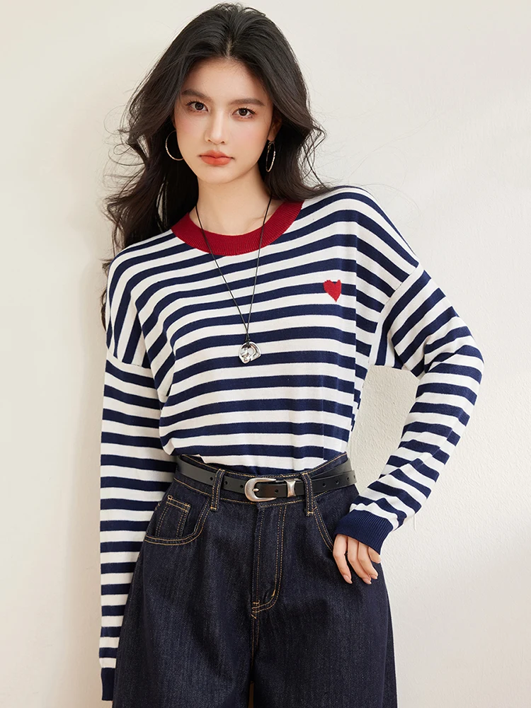 Damski luźny sweter z dzianiny w paski O-Neck z długim rękawem swetry z dzianiny eleganckie topy moda kobiece topy na co dzień