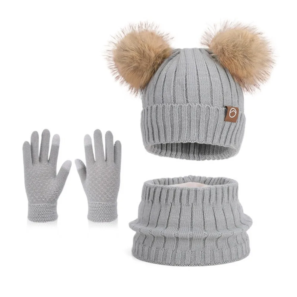 

3Pcs/ Set Fleece Lined Hat Scarf Gloves Set Knitted Cap Thermal Protection Children's Beanie Cap Thickened Material