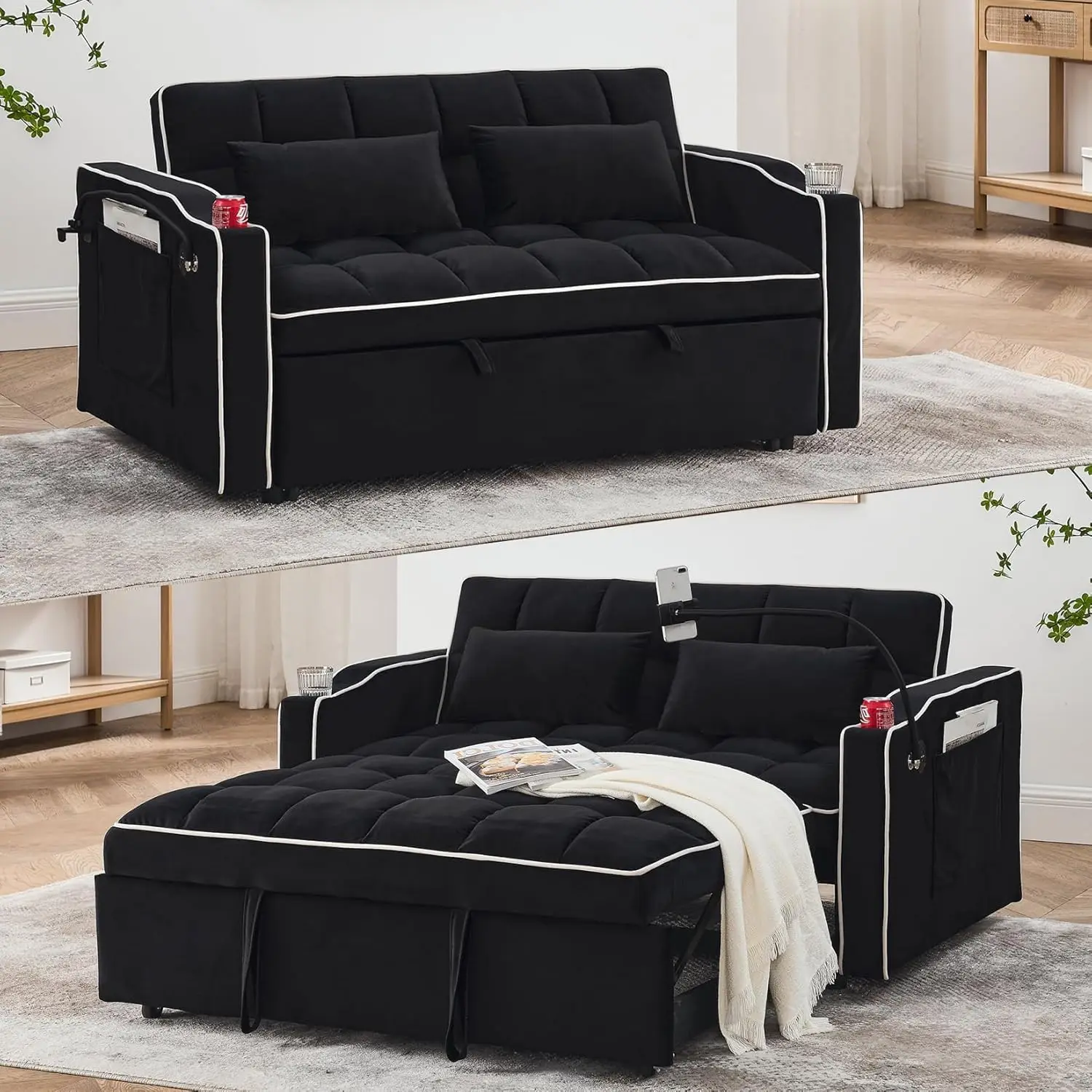 

Bla Foldable Sofa Bed With 2 Usb Charging Ports, Pull Out Velvet Loveseat Sleeper With Phone Holder, Modern Futon Couch With