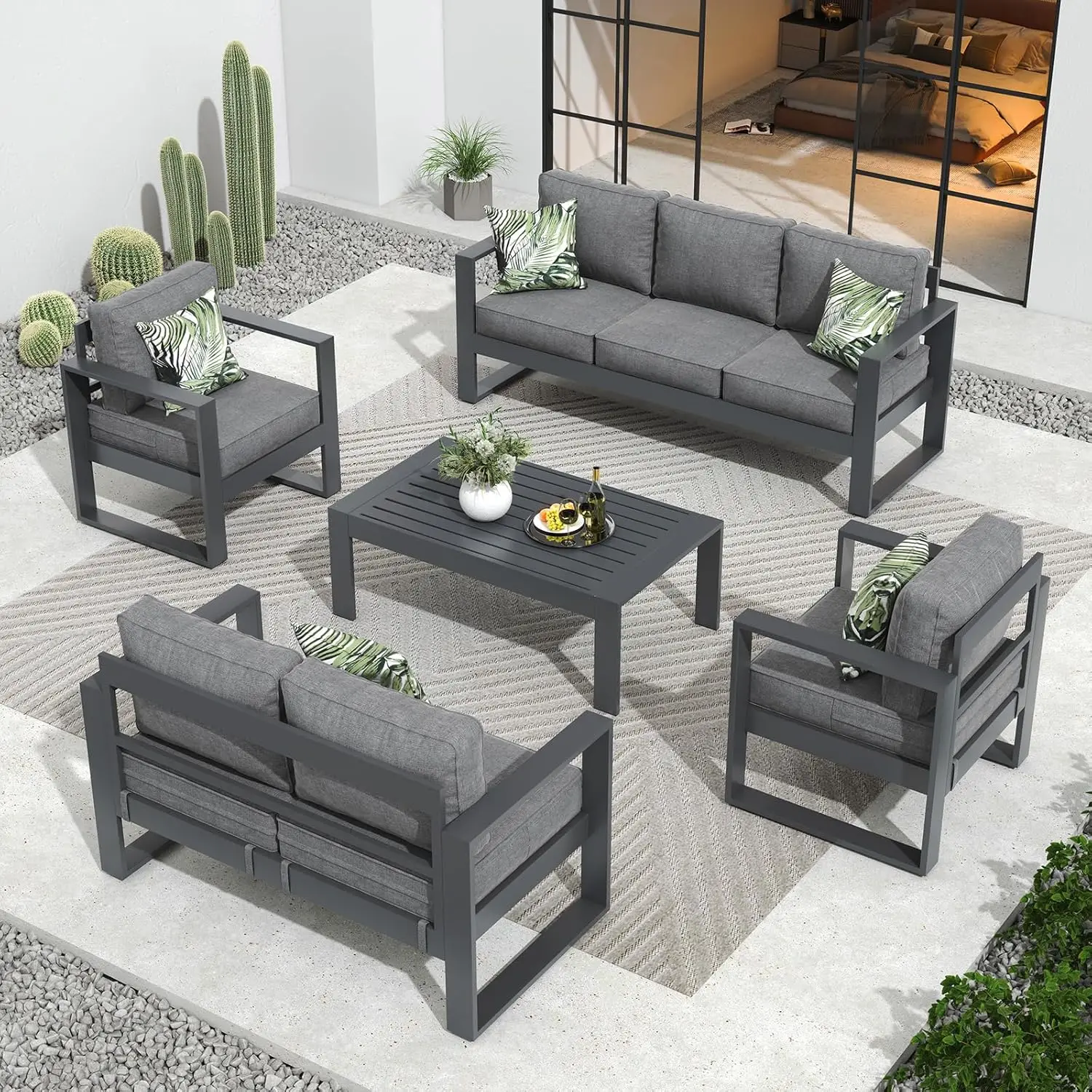 

Outdoor Aluminum Furniture Set - 5 Pieces Modern Patio Conversation Sets Metal Sectional Sofa with Coffee Table, Custom