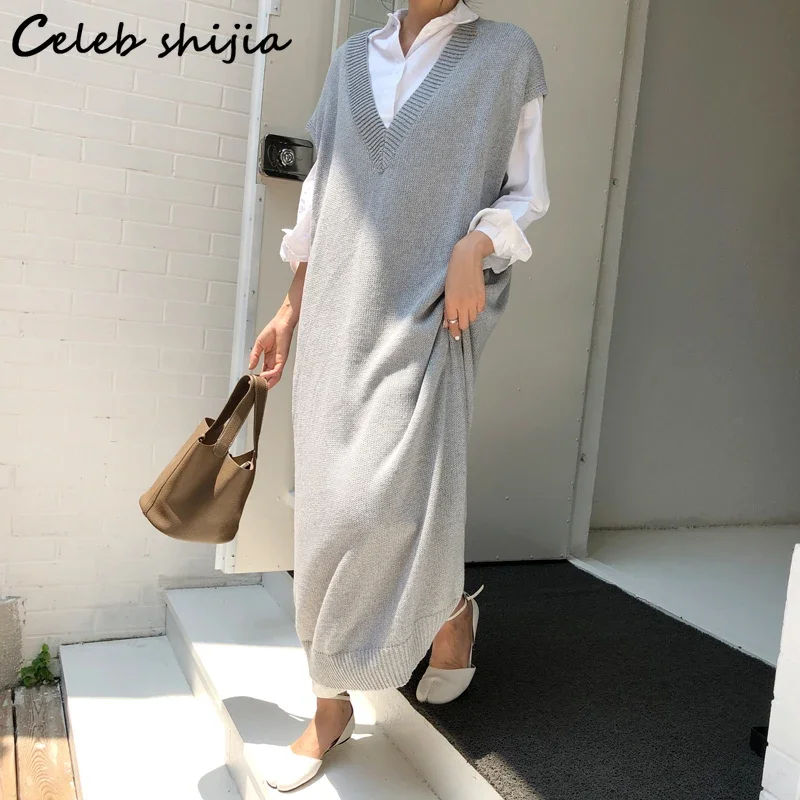 

Chic Knitted Long Dress Woman Sleeveless Autumn Oversized Gray Solid Sweater Dress Vestido De Mujer Vintage Knit Vest Winter