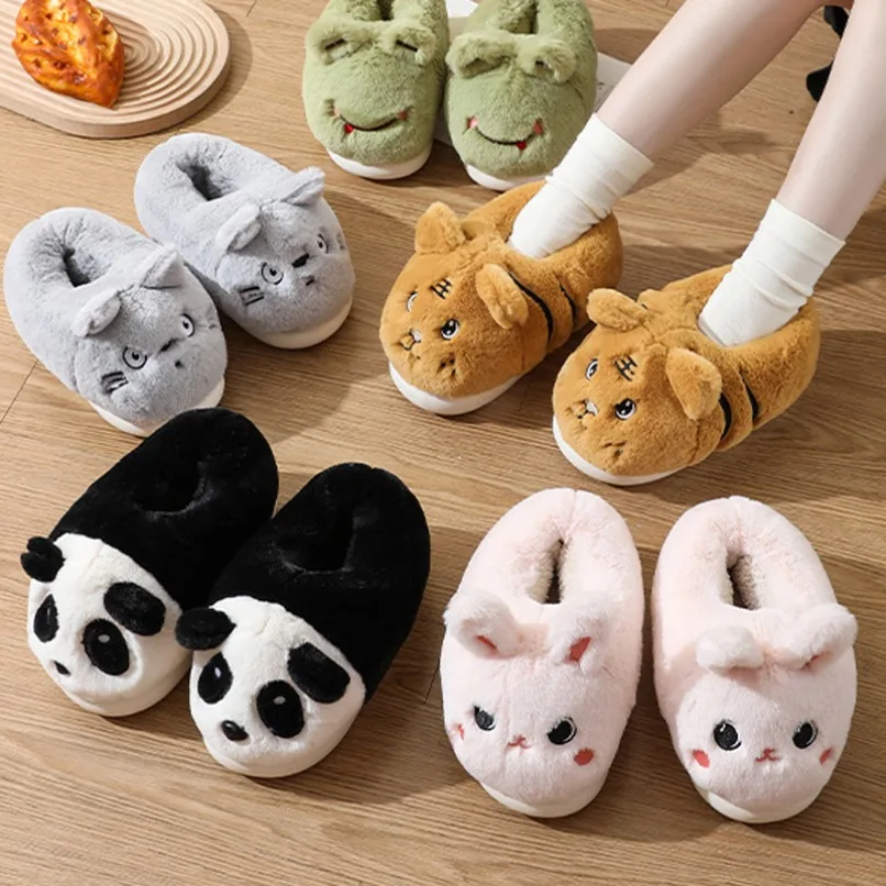 

Home Fuzzy Slipper Women Winter Warm Panda Frog Cartoon Fur Plush Indoor Female Thermal Furry House Shoe Funny Flat Flip Flop