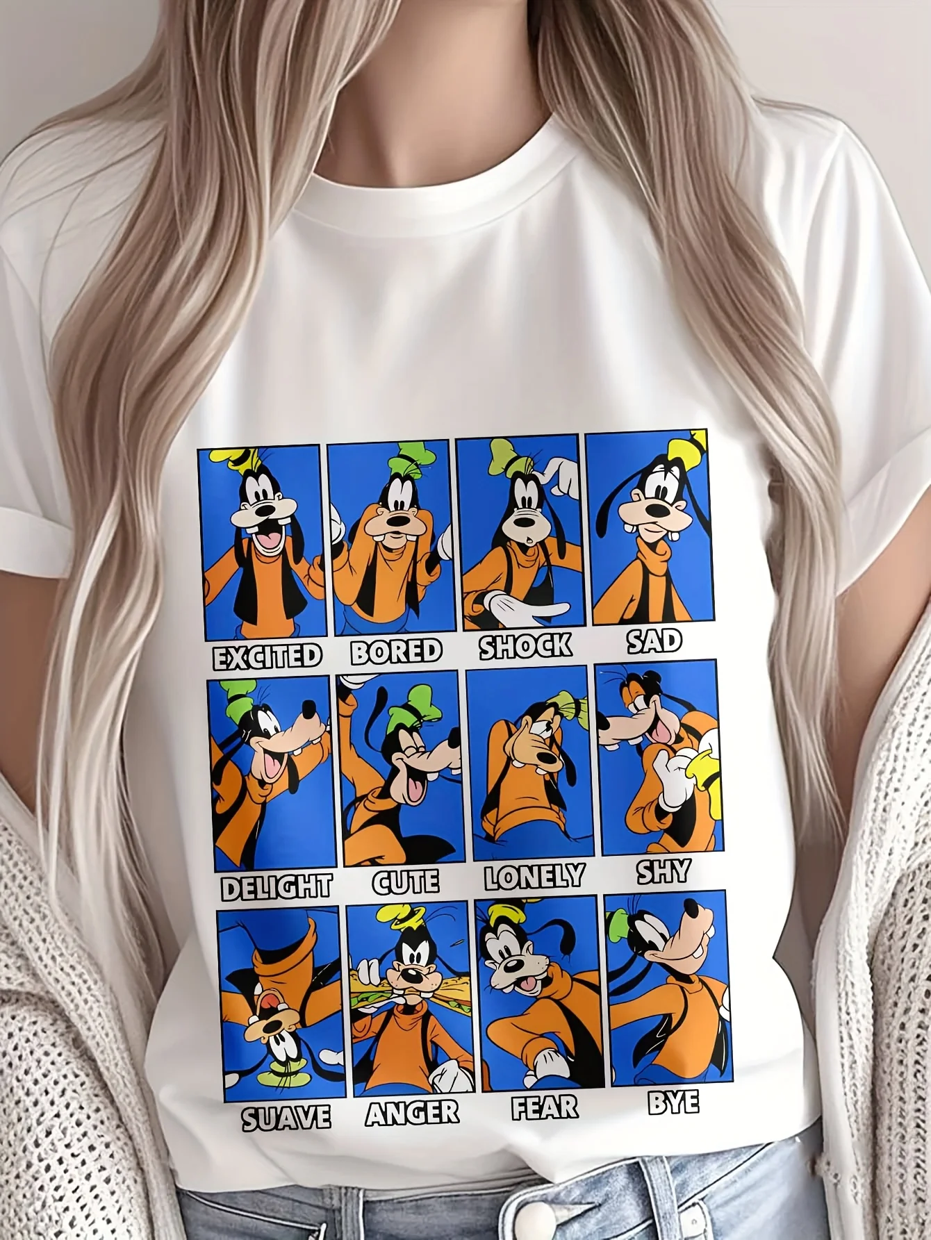

Футболка с графическим рисунком Disney Goofy Emotions, повседневный топ с короткими рукавами и круглым вырезом для женщин, всесезонный игривый дизайн персонажей мультфильма