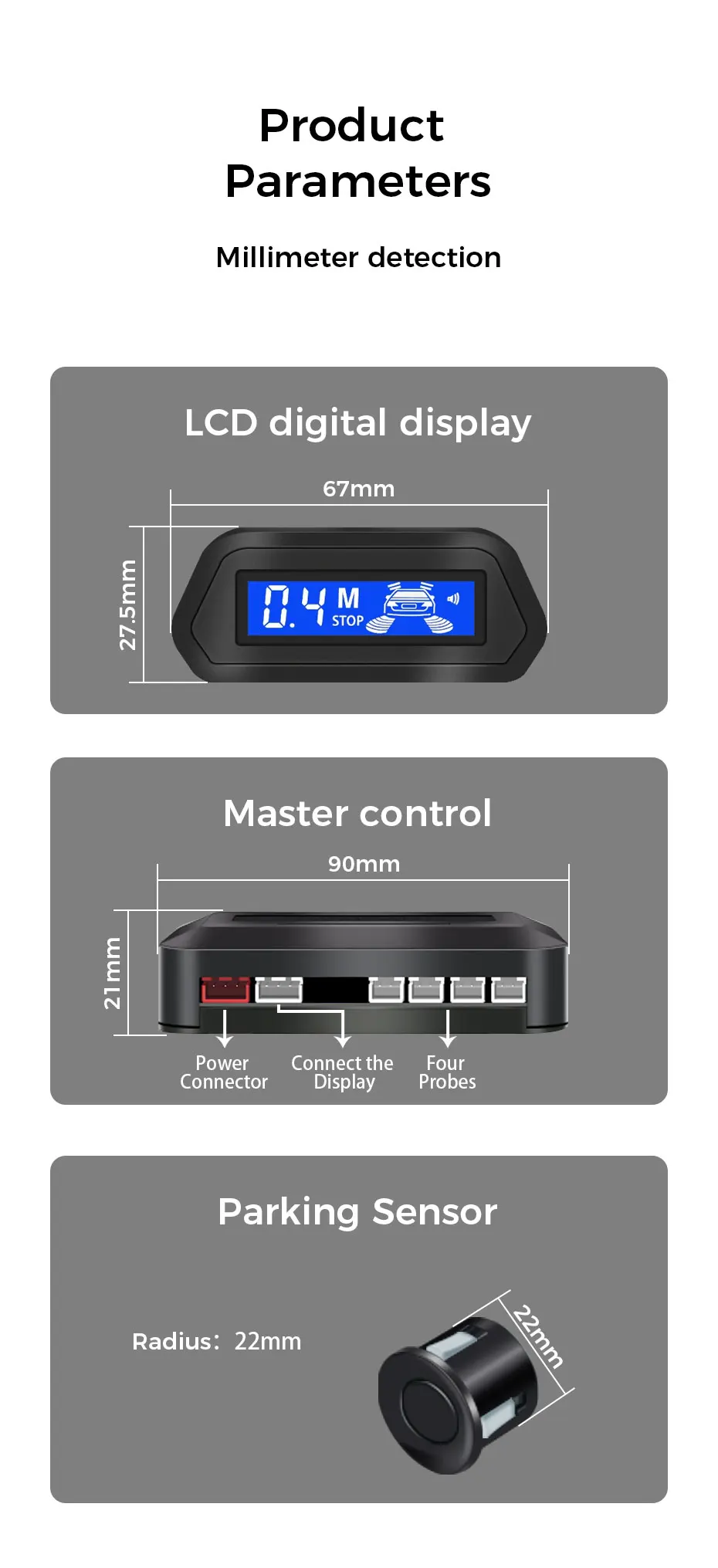 Reversing Radar LCD Display Waterproof Detection Distance 0-2M for Universal Automatic Operation When Reversing