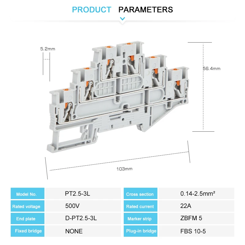 10Pcs PT 2.5-3L Din Rail Terminal Block Push-in Wiring Connector Triple Levels 2.5mm Electrical Cable PT2.5-3L