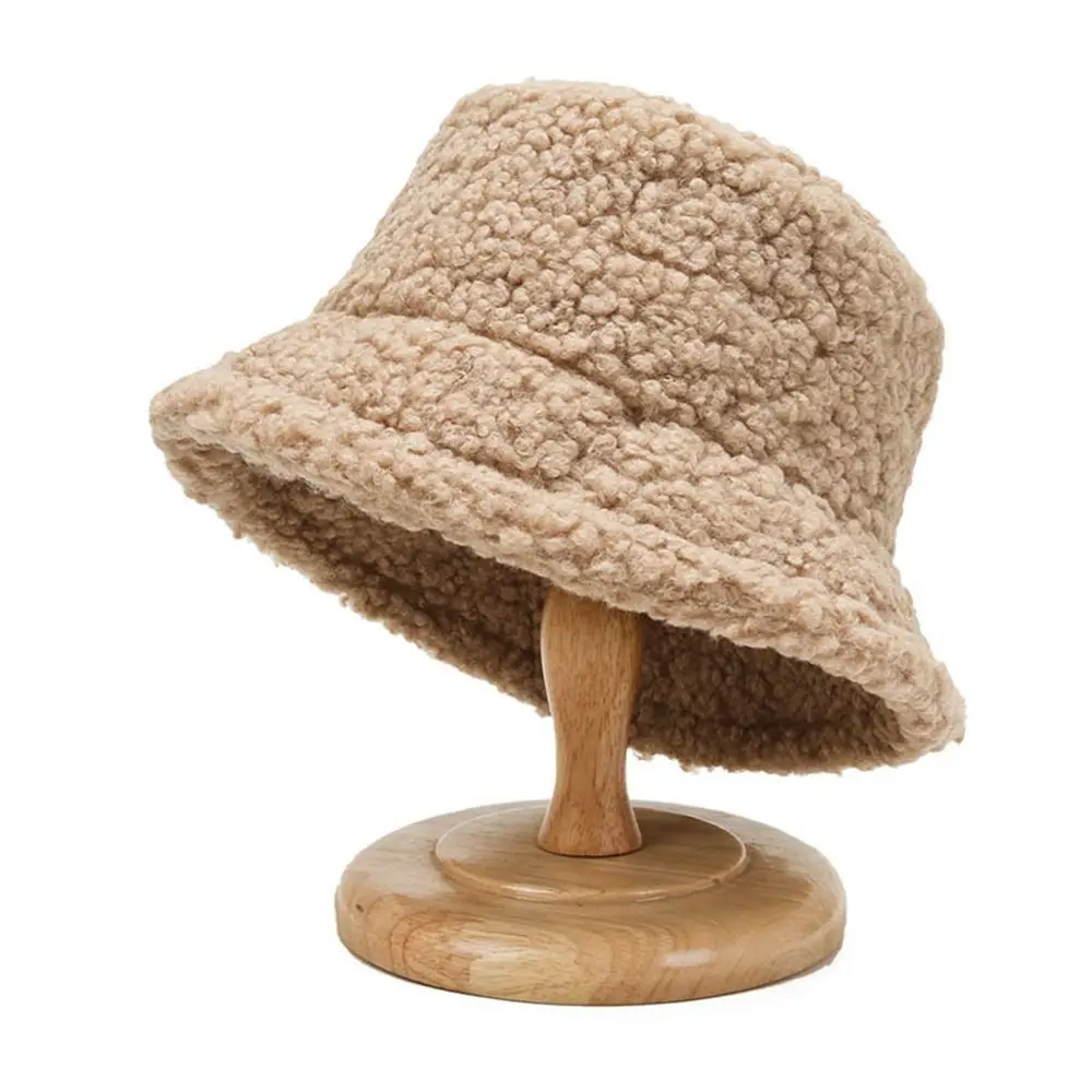 

Korean Warm Sun Protection Girl Lamb Casual Style Pure Color Caps Korean Style Caps Female Hats Lambwool Bucket Hat
