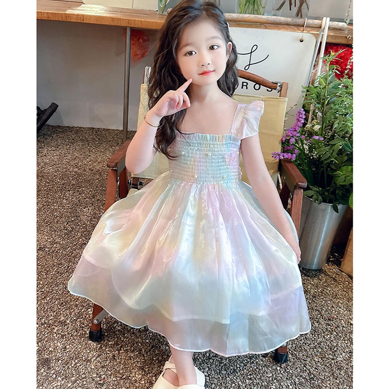 Summer Big Butterfly Decoration Princess Girls Dress Pearl Lace Mesh Gradient Rainbow  Dress For 1-8 Years Old Kids