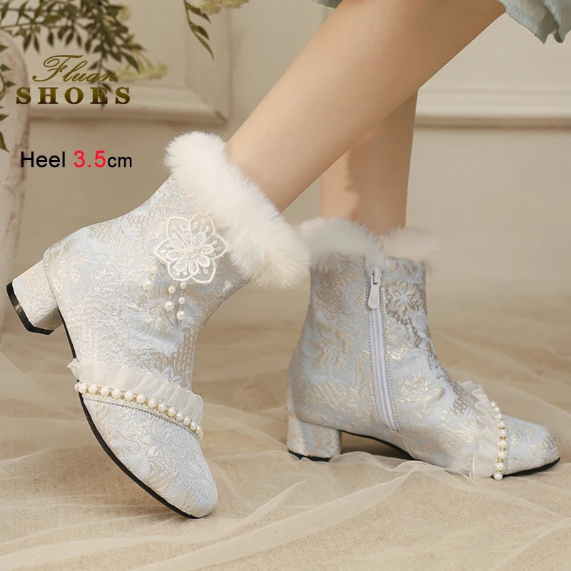 

Новые осенне-зимние новые женские ботильоны с синим жемчугом и кружевом, женские ботинки с принтом на боковой молнии, модельные туфли на низком каблуке