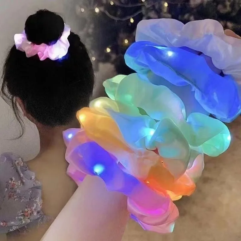Fashion Mixed Color Hair Scrunchies For Woman LED large Hair Ring Bright Satin Hair Accessories Luminous Light Accessories