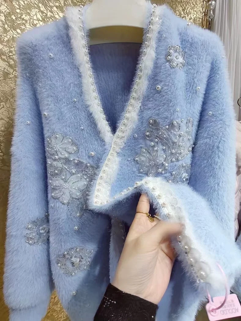 Luxury Blingbling Pearls Beaded Sequined Flowers Thick Faux Fur Sweater Cardigan For Women Winter Autumn Loose Knitwear Top Coat