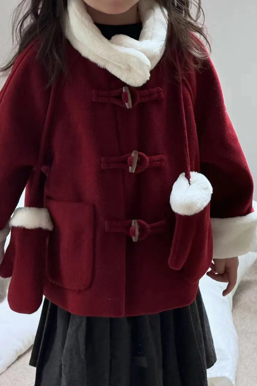 Girls Red Fluff Coat Ocean Air 2024 New Winter Fashion Baby Simple Casual Wool Coat European Fashion Style Children Coat