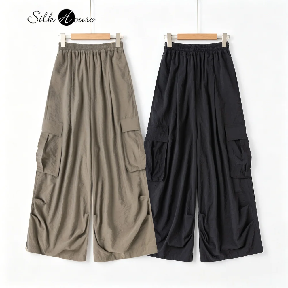 2026 Women's Casual Summer New Style 76% Natural Mulberry Silk Dry Silk Elastic Waist Pocket Design Solid Color Capri Pants