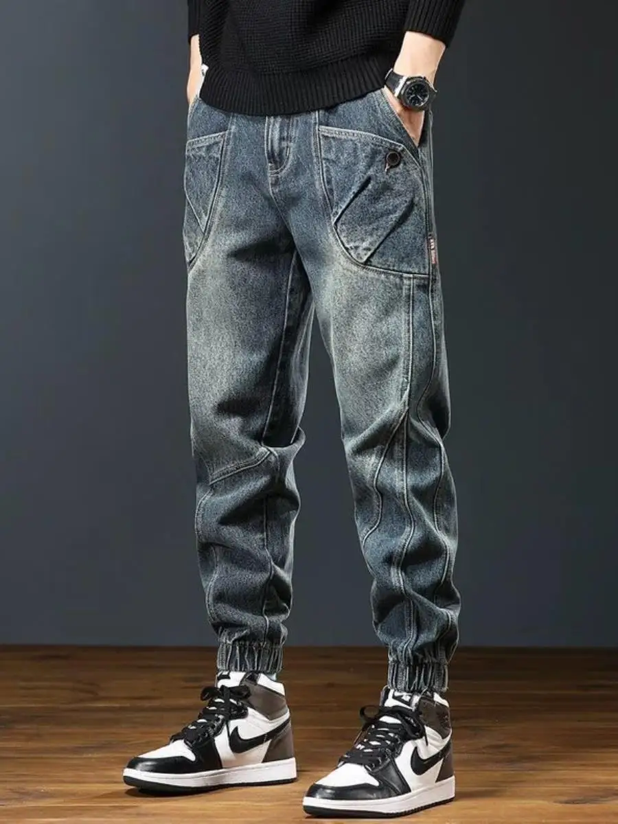 

American Retro Workwear Jeans Men's Autumn Winter Cuffed Large Size Pants Versatile Trendy Casual Slimming Long Trousers